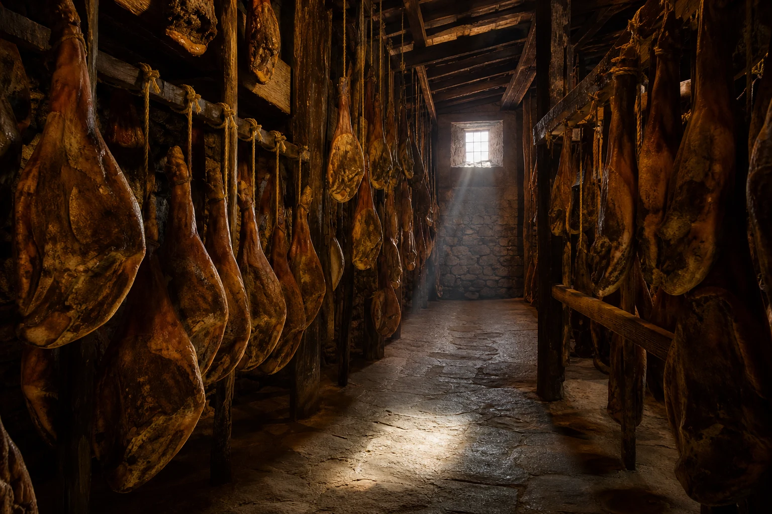 Interior de una bodega tradicional con jamones curándose entre vigas de madera