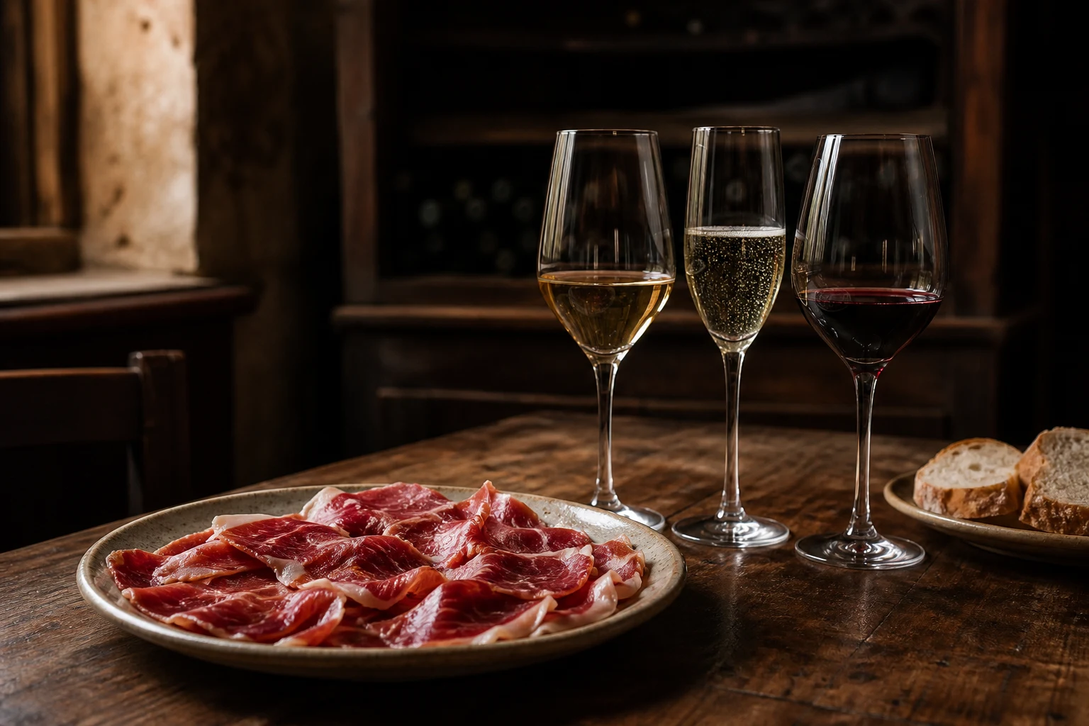 Plato de jamón acompañado por copas de vino fino, espumoso y tinto