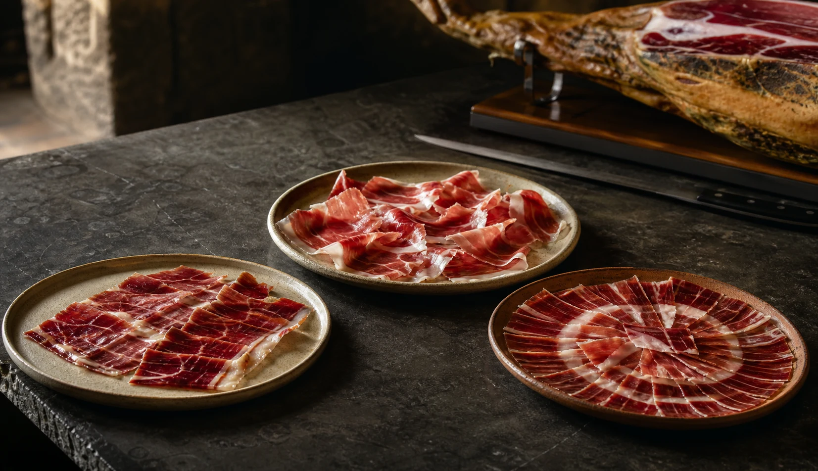 Tres platos de jamón curado con distintos cortes y grados de infiltración