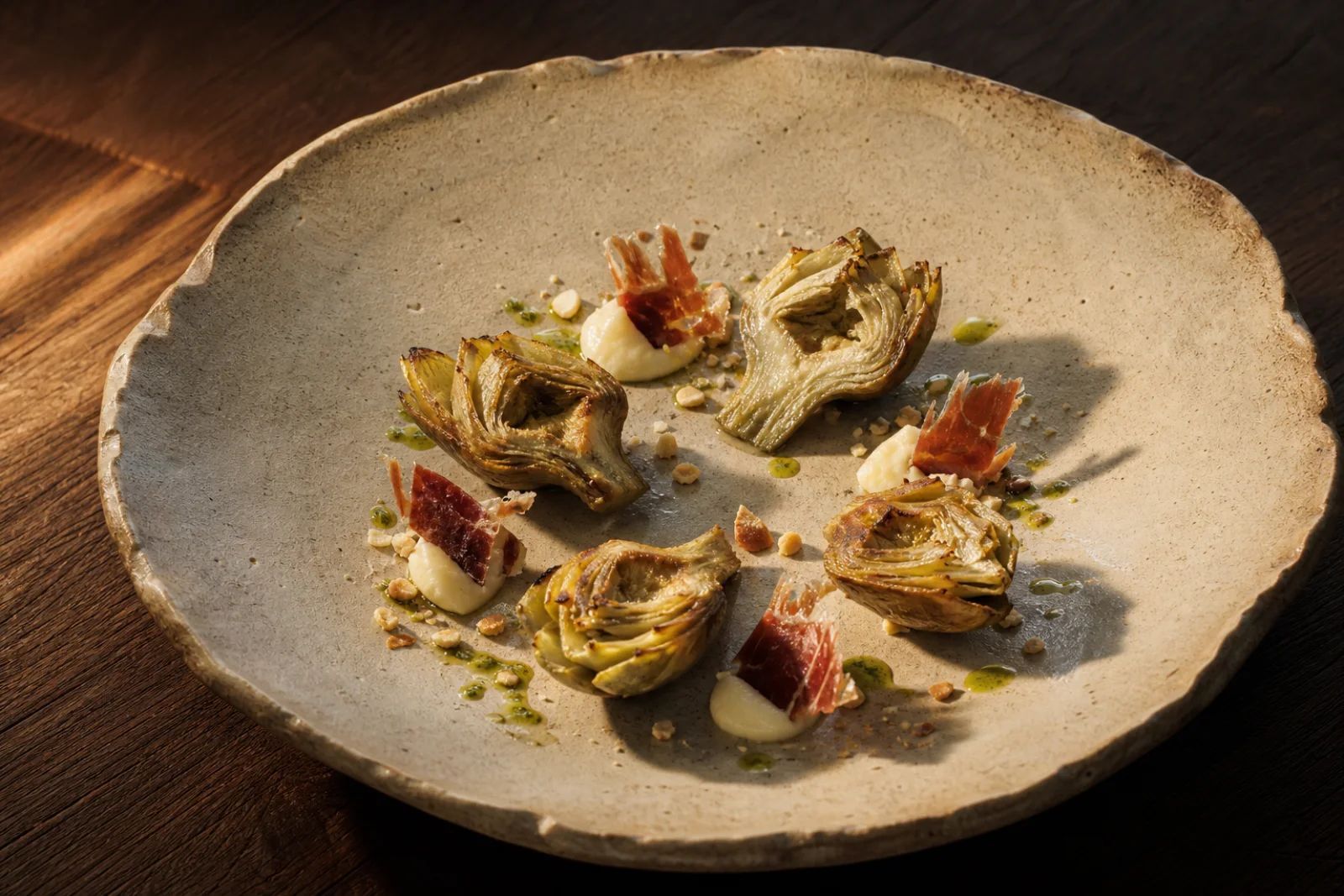 Alcachofas confitadas con crema de manchego y jamón crujiente