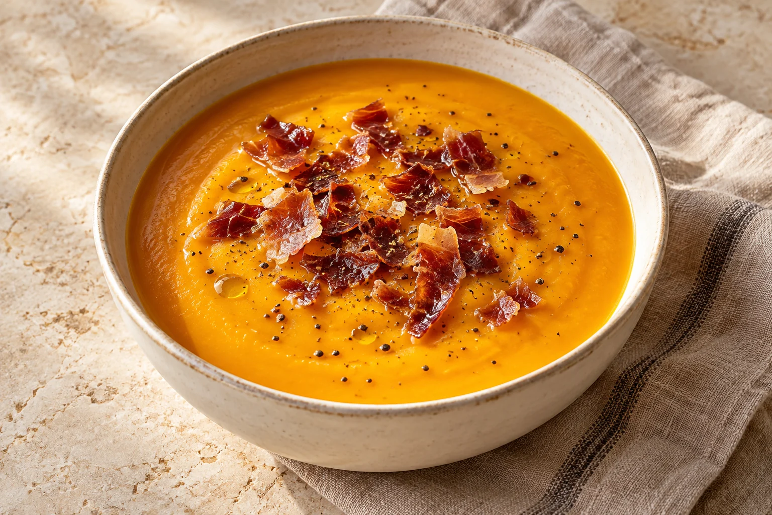 Pumpkin soup with crisp serrano ham