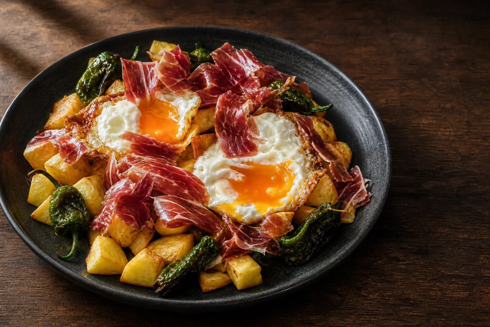 Huevos rotos con patatas, pimientos de Padrón y jamón