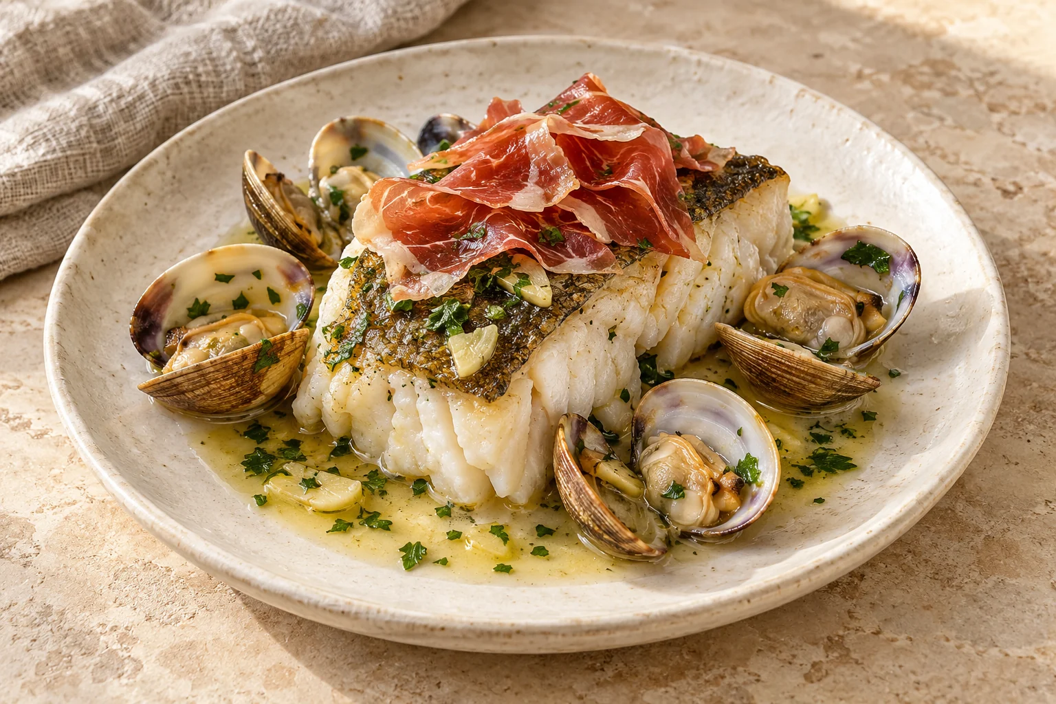 Hake with clams and serrano ham