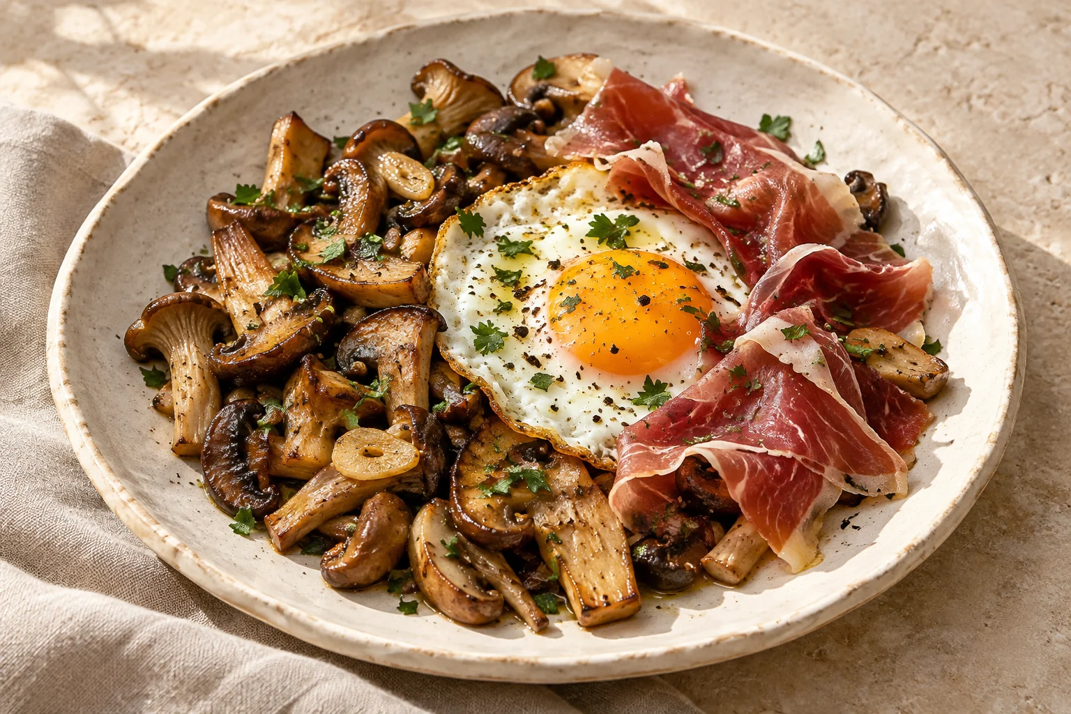 Sautéed mushrooms with egg and serrano ham